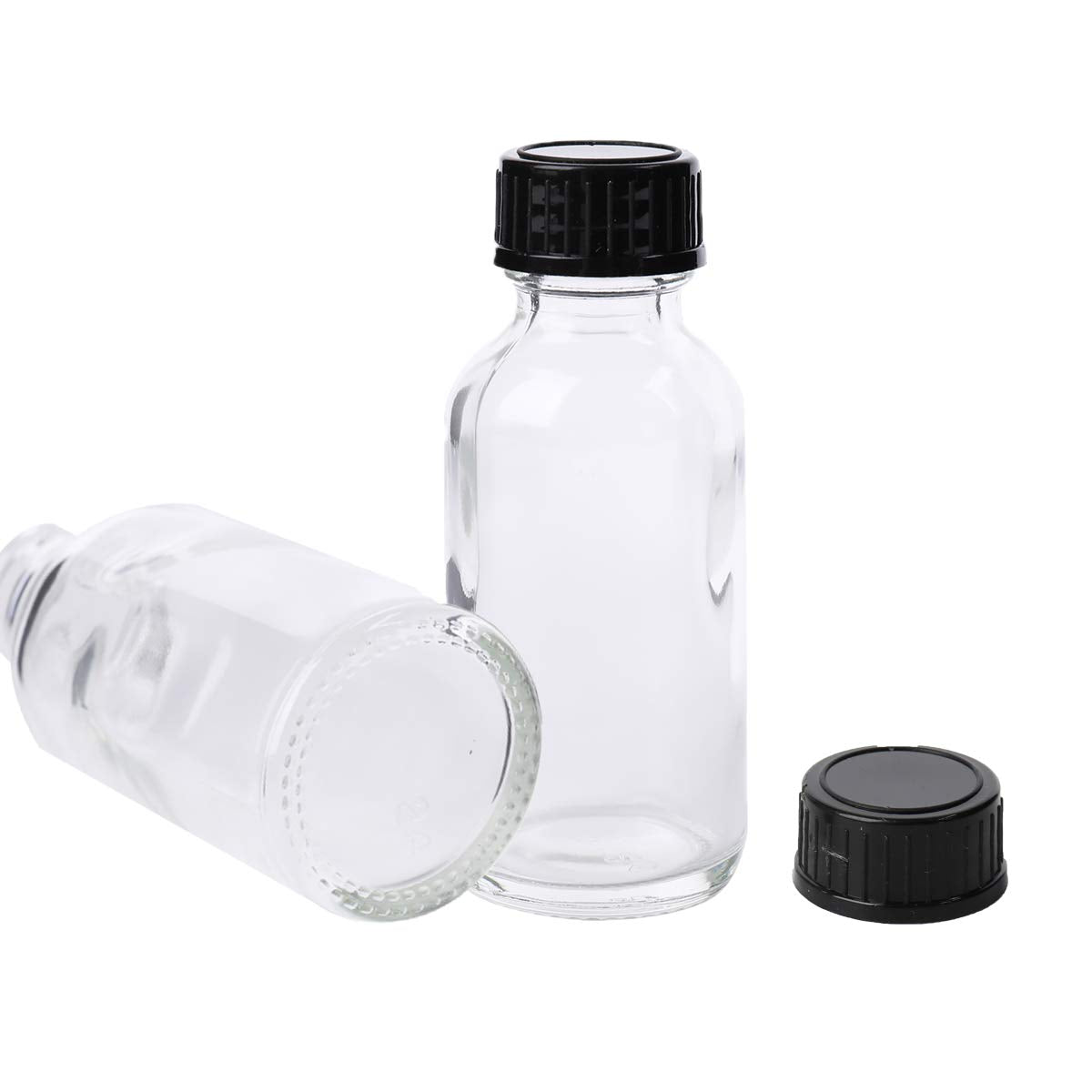 Bekith 30 Pack Boston Round Glass Bottle with Black Cap, 1 oz Capacity, Clear