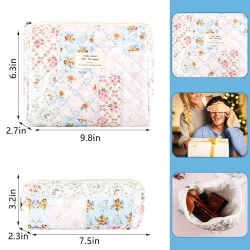 2Pcs Quilted Cotton Makeup Bag Large Travel Makeup Pouch Small Brush Holder Set for Women Cute Floral Coquette Makeup Bag Aesthetic Cosmetic Bag Flower Bee Toiletry Organizer Storage Bag Zipper Pouch