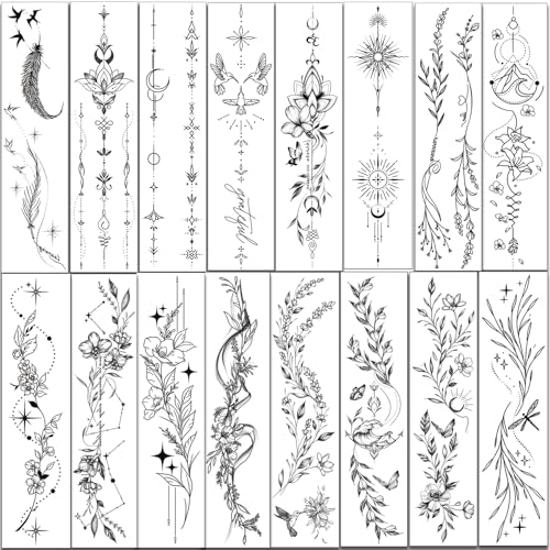 Tazimi Temporary Tattoos For Women Girls-24 Sheets Branch Flower Leaf Wild Plants Sketch Realistic Long-lasting Tattoo Stickers Waterproof Tattoo Sets for Arm Collarbone Leg Backbone Body Art