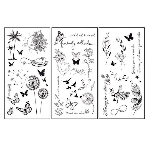 Temporary Tattoos Dandelion Feather - 3 Sheets, Waterproof, 5-7 Days