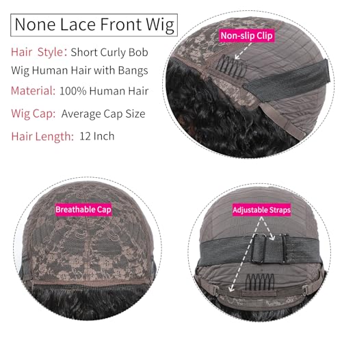 12 Inch Short Curly Bob Wig with Bangs - Brazilian Human Hair
