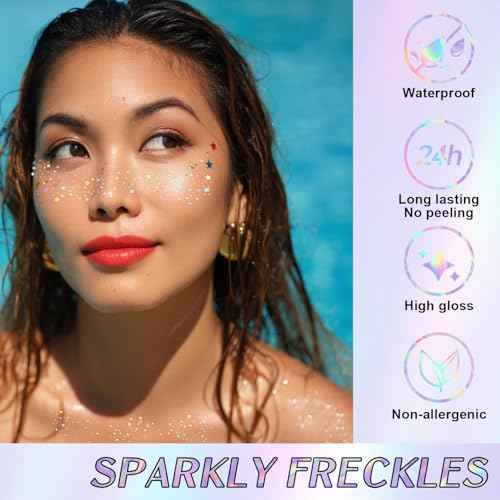 Freckles Face Tattoo, All-in-One Holographic & Gold Glitter, Waterproof and Sweatproof Sparkle Speckles Patches, Festival Cute Star Temporary Tattoo (Holographic&Gold)