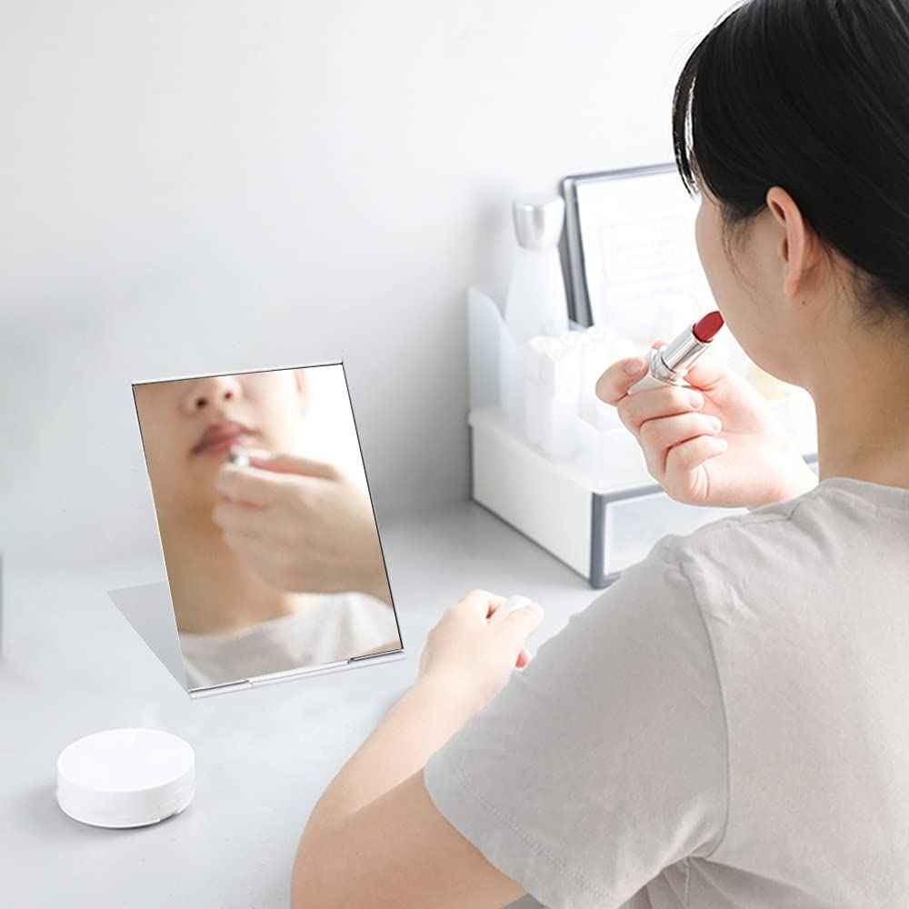 LELE LIFE 2Pack Ultra-Slim Portable Folding Mirror, Aluminum Shell, Easy to Carry Travel Makeup Mirror, Desktop Folding Mirror Vanity Mirror, 5.9×3.9in, M