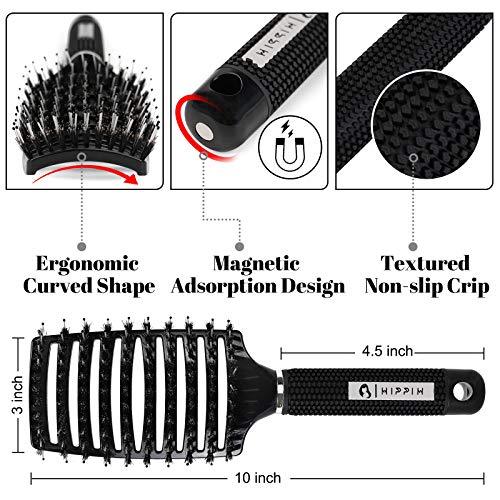 HIPPIH Boar Bristle Hair Brush Set for All Hair Types - Detangling & Smoothing