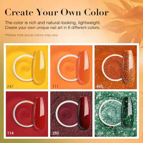 AZUREBEAUTY Fall Dip Powder Nail Set Yellow Orange Gold Red Shimmery Green Glitter 6 Colors Dipping Powder Starter Kit French Nail Art Manicure DIY Salon, No Need Nail Lamp Cured