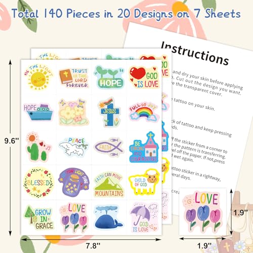 Fancy Land 140Pcs Religious Tattoos for Kids Temporary Christian Easter Tattoo Sheets Individual Bible Verse Body Sticker Costume Accessories for Catholic Party Decoration Favors Sunday School Crafts
