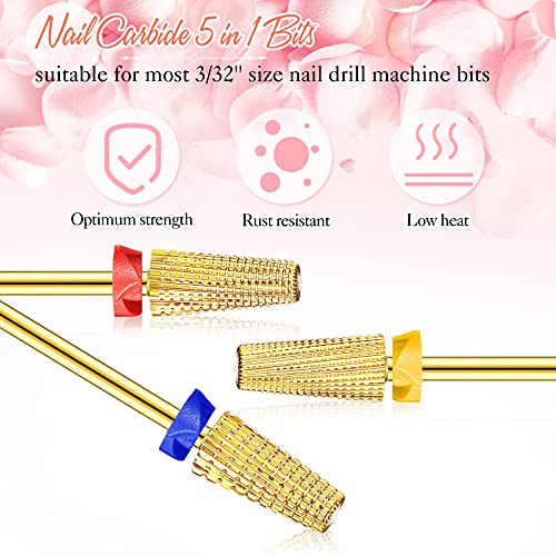 3 Pieces Nail Carbide 5 in 1 Bit Multi-function Tapered Shaping Nail Drill Carbide Nail Drill Bit Use for both Left to Right Handed, 3/32 Inch Nail Bit for Fast Remove Acrylic Gel Nail (Gold)