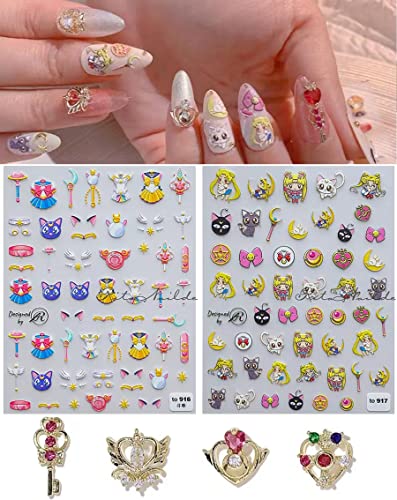 New Cartoon Anime Nail Art Sticker Decals Children Princess Anime Moon Hare Nail Art Sticker 5D Embossed(2 Sheets) + 3D Diamond Nail Art Accessories for Nail Art Decoration(4 Pcs)