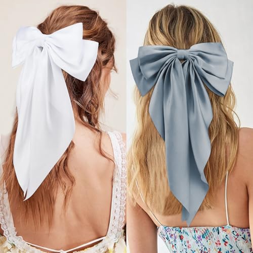 Velscrun Hair Bows for Women Girls 3Pcs Pink Blue Purple Silky Satin Large Bows Hair Clip Oversized Hair Ribbons Long Tail Big Bows Hair Accessories