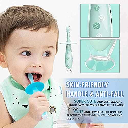 Baby Toothbrush with Suction Base - Gentle Cleaning for Toddler's Self-Brushing Training, Food-Grade Silicone, Extra Soft/Tough Bristles, BPA/Phthalate Free, Anti-chocking/Anti-Fall Design-2 Pack