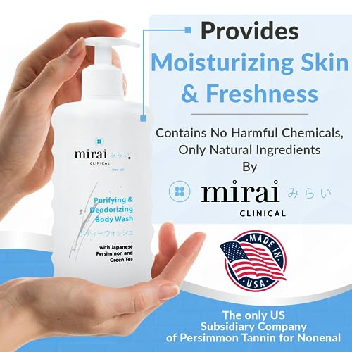 Mirai Clinical Body Odor Eliminator Bundle: Renewing Body Wash & Persimmon Soap Bar Set - Natural Deodorizing with Persimmon & Green Tea Extracts - Nonenal Elimination for Women & Men - 9.29 Fl oz Bod