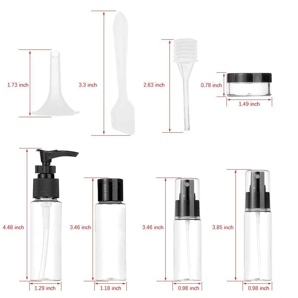 Vitog Travel Bottles Kit, TSA Approved Leak Proof Portable Toiletry Containers Set, Clear flight size PET Cosmetic Containers for Lotion, Shampoo, Cream, Soap, Set of 11 (Black+Plastic)