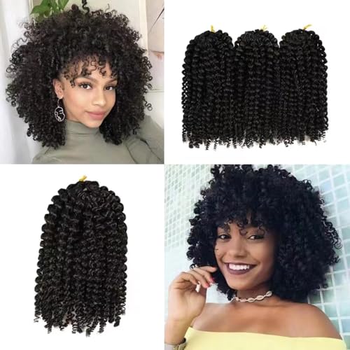 Marlybob Crochet Hair 8 Inch Passion Twist Hair Afro Kinky-Curly Crochet Hair Curly Crochet Hair For Black Women Curly Braiding Hair Crochet Hair Braids（8 Inch 3 Bundles, 1B）