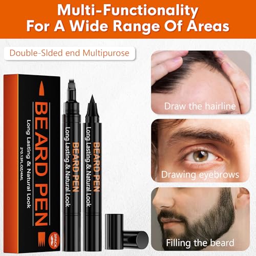 3-Pack Beard Pen Filler for Men, Waterproof & Sweat Proof Long-Lasting Beard Pen Kit with 2 Fillers & 1 Double-Headed Brush ? Effectively Enhances Facial Hair (Black)
