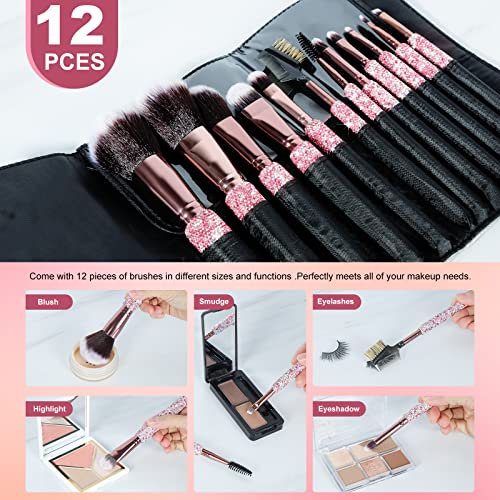Makeup Brushes Bling Crystal Professional Face Cosmetics Blending Liquid Foundation Powder Concealer Eye Shadows Make Up Beauty Tool Glitter with Pouch Bag Kit Purely Handmade (12PCS) (Pink)