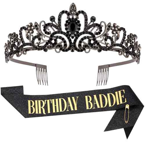 Birthday Baddie Sash and Crown for Women Girls - Black Glitter with Gold Foil Birthday Girl Sash and Crown Funny Birthday Party Favor Supplies
