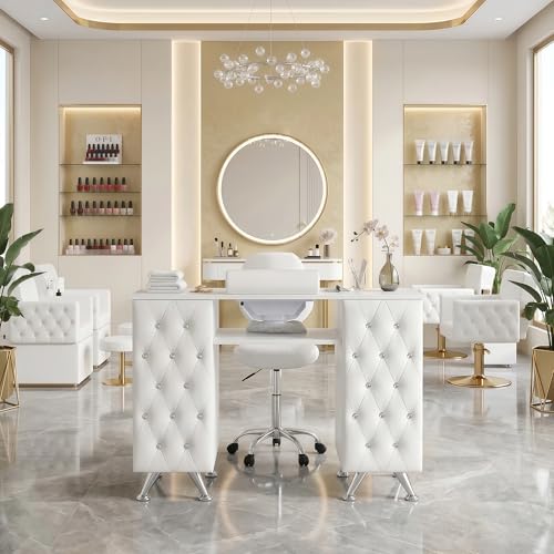 Professional Manicure Table with Glass Top & Storage Cabinets