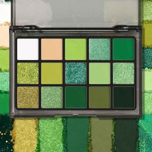 UCANBE Green Eyeshadow Makeup Palette, 15 Colors Bright Dark Green Shimmer Matte Metallic Glitter Eye Shadow, Forest Emerald Lime Pallet Kit for Cosplay Parties Christmas Halloween SFX
