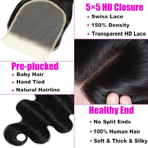 Body Wave 4 Bundles Human Hair With 5x5 Closure 12A Virgin