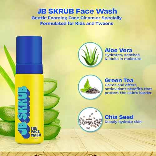 JB SKRUB The Face Wash - Gentle Facial Cleanser for Kids, Tween and Teen Boys - Fragrance-Free Foaming Face Wash with Aloe Vera & Chia Seed for Sensitive Skin - 5 Fl. Oz