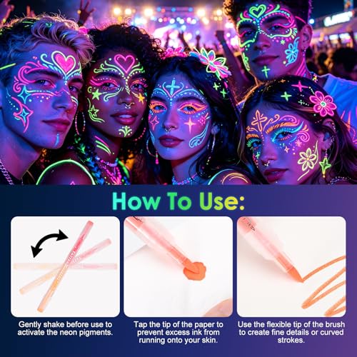 DAGEDA UV Glow Body Paint Pens - 12 Colors with Double Tip
