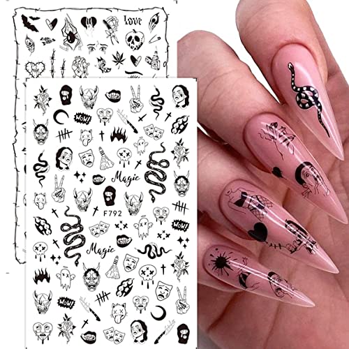 8 Sheets Halloween Nail Art Stickers Decal 3D Gothic Punk Horror for Halloween Black Snake Skull Spider Ghost Scary Wound Scar Bloody Nail Designs Holiday Nail Stickers for Halloween Nail Decorations