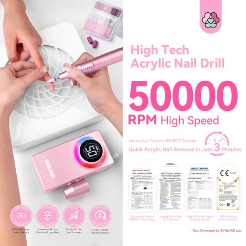 SAVILAND 50000RPM Pink Electric Nail Drill Kit for Acrylic Nails - Light Pink