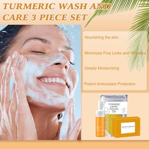 4Pcs Turmeric Wash and Care Three Piece Set,Turmeric Trio: Facial Wash,Cleansing Mousse & Soap for Skin Care,Turmeric Cleansing Exfoliating Pads,Turmeric Face Wash, Natural Skincare for Face & Body