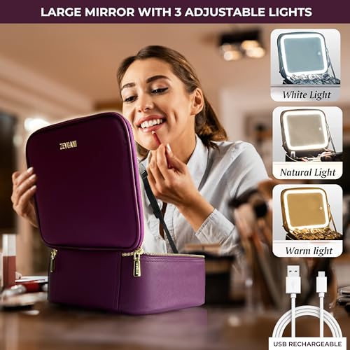 ZEVGANI Travel Makeup Bag with LED Mirror, Rechargeable Lighted Makeup Case with Adjustable Brightness & Dividers, Portable Makeup Box Organizer Vanity Case for Toiletries & Brushes, Plum Purple
