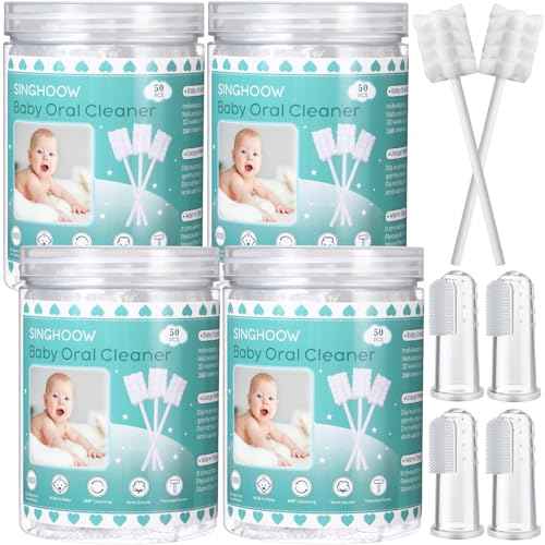 200 Pieces Baby Tongue Cleaner Disposable Infant Oral Cleaner with 4 Pieces Finger Toothbrush Soft Gauze Baby Mouth Newborn for Tooth Mouth Gum Dental Care(Blue)