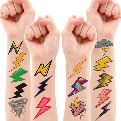 96 PCS Cute Funny Lightning Bolt Pre-Cut Temporary Tattoos Sticker Funny Tornado Birthday Party Decorations Supplies Favors Gifts Baby Shower Boys Girls Cute Fake Tattoo School Reward Themed