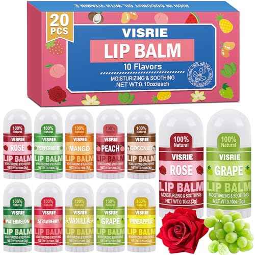 Mini Lip Balm 20 Pack, Natural Lip Balms Bulk with Vitamin E and Coconut Oil, Moisturizing Lip Balm for Dry Cracked lips - 10 Flavors
