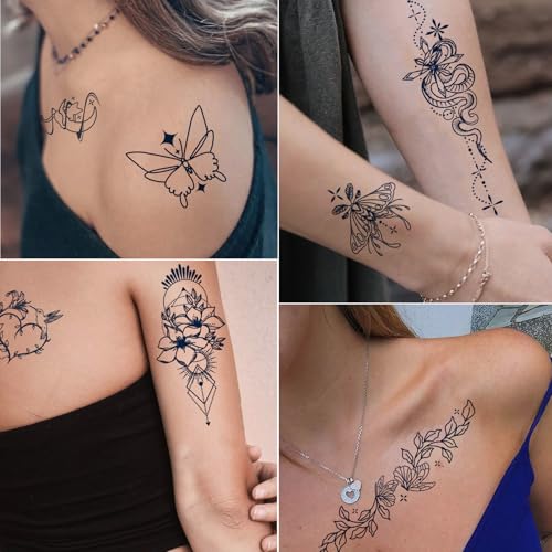 Tazimi Semi-Permanent Tattoos for Women Girls 100% Plant-Based Ink Small Flower Words Animals Waterproof Realistic Fake Tattoos Long Lasting 1-2 Weeks for Adult