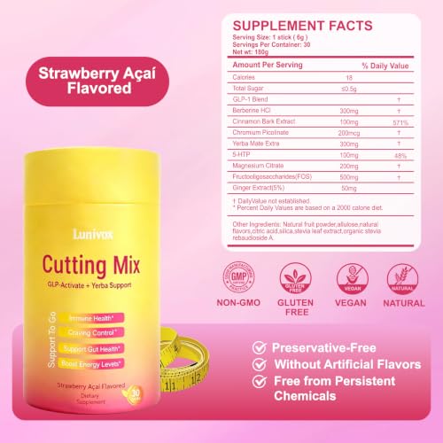 Lunivox GLP-1 Drink Mix with Prebiotics, Strawberry Açaí Flavor, 30 Sticks