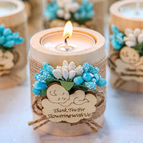 Pack of 10 Wood Candle Holders,Baby Shower Favors for Boys,Baby Shower Party Favors for Guests,Tealight Holder (Blue-Baby)