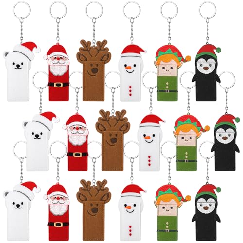 Cunno 18 Pcs Christmas Lipstick Holder Keychains Gifts Reindeer Snowman Elk Penguin Sleeve Christmas Felt Holder Keychains Santa Handmade Lip Balm Lipstick Sleeve for Girls Women