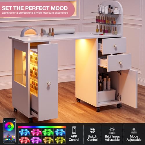 Professional Nail Desk with LED Display Cabinet & Storage