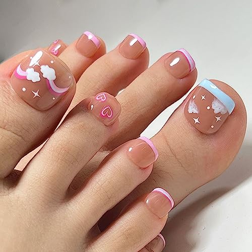 French Tip Press on Toenails Press on Nails Short Square 24PCS Fake Toe Nails with Cloud Rainbow Designs Designs Nude Pink Full Cover Glossy Toe Fake Nails Acrylic Toenails for Women and Girls