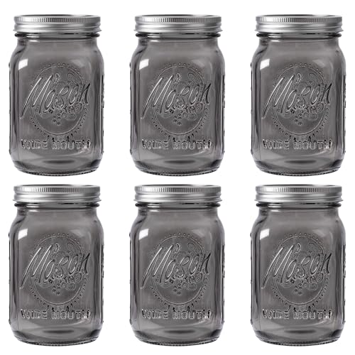 WELLIFE Wide Mouth Mason Jars 32 OZ, 6 Pack Mason Jars for Decor & DIY Crafts, Black Glass Storage Jars, Airtight jar, Fermenting, Pickling, Meal Prep