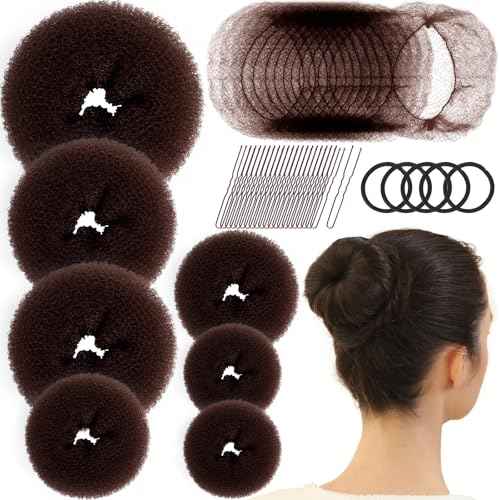 Fandamei Hair Bun Maker Set- 7 PCS Hair Donuts for Buns (1 Extra-large,2 Large,2 Medium and 2 Small), 10 Invisible Hair Nets for Buns, 20 PCS Bobby Pins, 5 PCS Hair Elastic Ties Black,Bun Maker-Brown