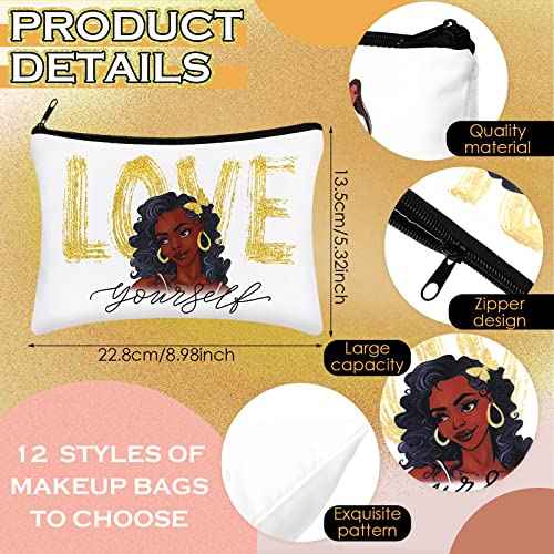 12 Pcs African Girl Makeup Bag Black Girl Christmas African Gifts Afro Melanin Art Cosmetic Canvas Bags Funny Cute Reusable Toiletry Pouch Organizer Black Owned Business Gift for Women(Stylish Style)