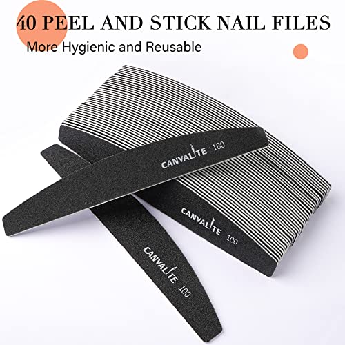 Canvalite 40 PCS Nail File 100/180 Grit Peel and Stick Nail Files Replaceable Emery Boards Reusable Nail File for Acrylic Nails Professional for DIY Salon Use