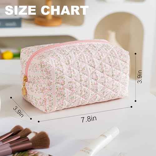 Makeup Bag Travel Toiletry Bag for Women, Small Cosmetic Bags Cute Quilted Cotton Makeup Pouch for Purse Emergency Bag for School Floral Pencil Case Accessory Bag, Pastel Pink