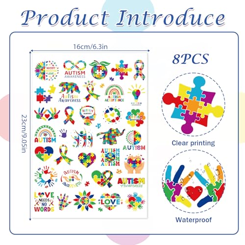 Autism Awareness Temporary Tattoos - 8 Sheets 200+ Designs