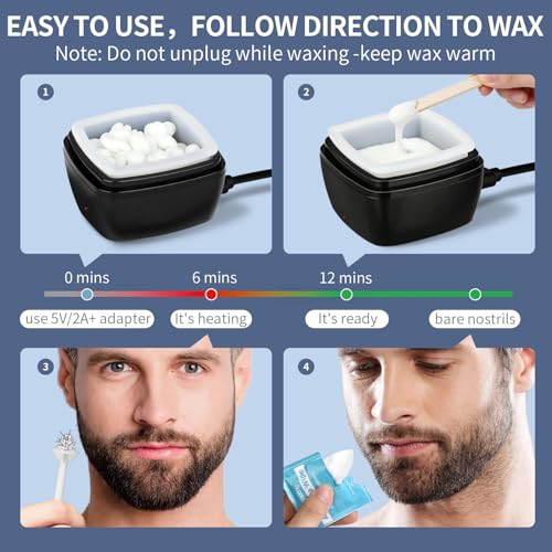 Nose Wax Kit Men, Nose Ear Hair Waxing Kit 120g Wax, 65 Sticks, 2 Silicone Pots, Nose Ear Hair Removal Kit, USB Fast Heat, Smart Constant Temp, Multi-Accessories, Black
