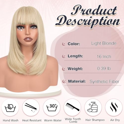 Blonde Bob Wig with Bangs 16" Shoulder Length Synthetic