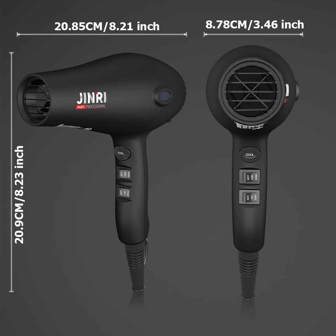 JINRI Hair Dryer, 1875W, 3 Heat & 2 Speed, with Diffuser, with Concentrator, Detachable Air Intake, Ionic Technology & Infrared - Black, Hanging Strap, Non-Foldable JR-108