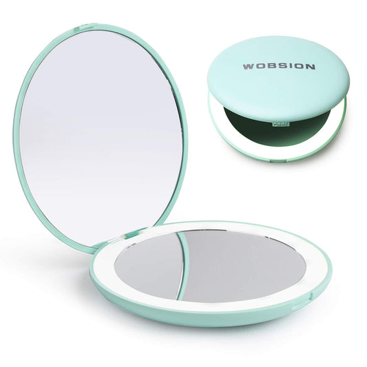 wobsion LED Lighted Travel Makeup Mirror, 1x/10x Magnification, Compact, Portable for Handbag, Purse, Pocket, 3.5 inch Illuminated, Folding, Handheld, 2-Sided , Round, Cyan