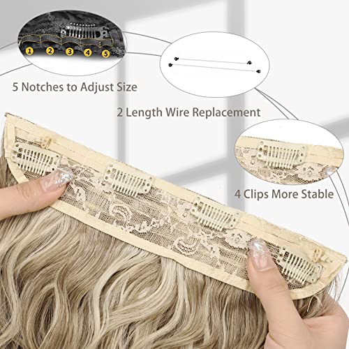 MORICA Invisible Wire Hair Extensions - 20 Inch Halo Hair Extension Long Wavy Synthetic Hairpiece with Transparent Wire Adjustable Size, 4 Secure Clips for Women (Ash Blonde Mixed Light Blonde,20Inch)