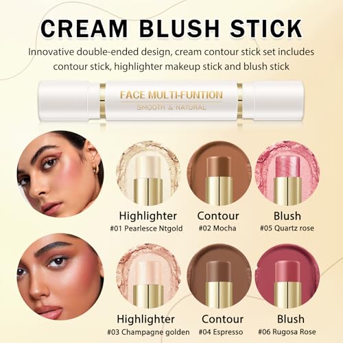 IONSGAKO 6-Color Cream Contour Stick Kit with Highlighter & Blush